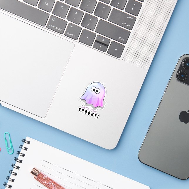 Cute Pink Google Eyes Ghost: Spooky & Whimsical  Sticker (Laptop w/ iPhone)