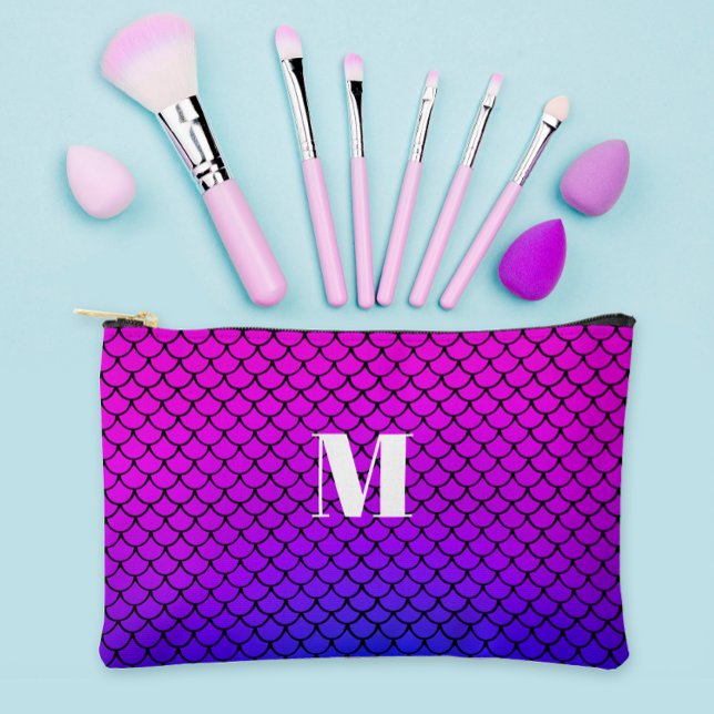 Cute Pink Gradient Girly Mermaid Scales Monogram Accessory Pouch (Creator Uploaded)