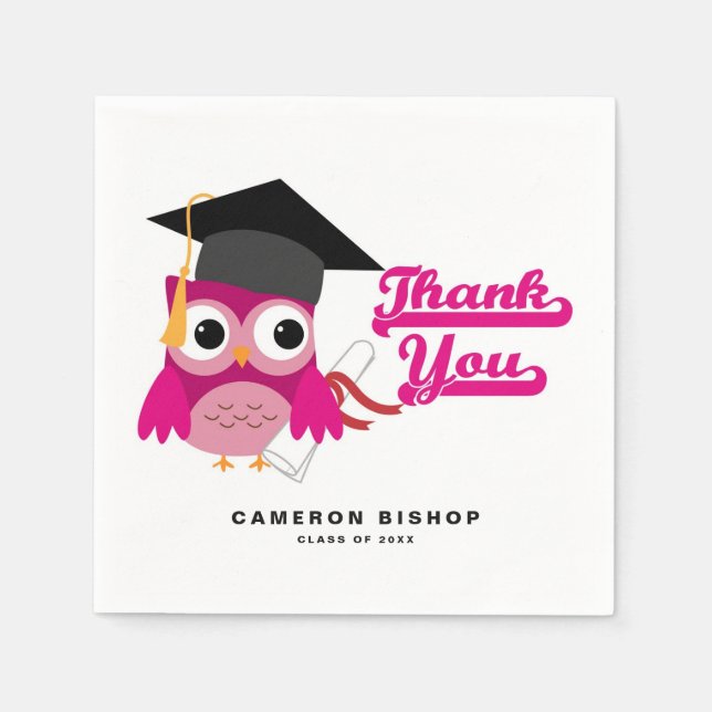 Cute Pink Graduate Owl Graduation Thank You Napkins (Front)