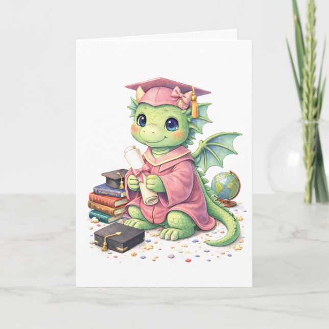 Cute Pink Graduation Dragon Greeting Card (Front)
