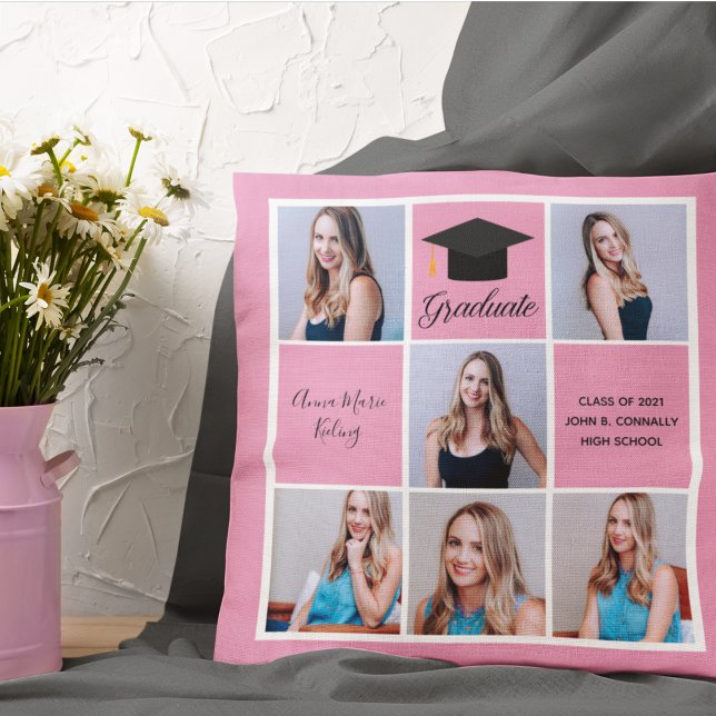 Cute Pink Graduation Senior Portrait Photo Collage Throw Pillow (Creator Uploaded)