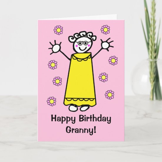 Cute Pink Granny Waving Funny Cartoon Birthday Card