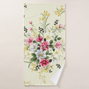cute pink gray and yellow flowers with green leave bath towel