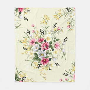 cute pink gray and yellow flowers with green leave fleece blanket
