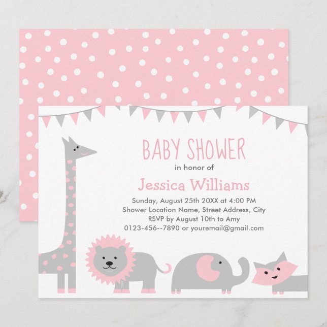 Cute Pink Gray Animals Baby Shower Invitation Girl (Front/Back)