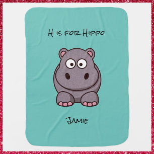 Cute Pink & Gray Baby Hippo Teal Blue Baby Blanket