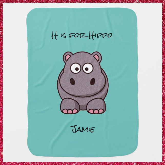 Cute Pink & Gray Baby Hippo Teal Blue Baby Blanket (Creator Uploaded)