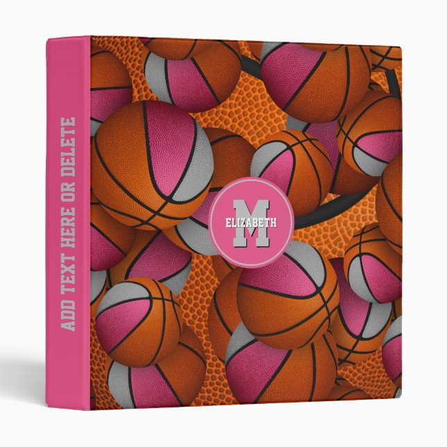 cute pink gray basketballs girly back to school 3 ring binder (Front/Spine)