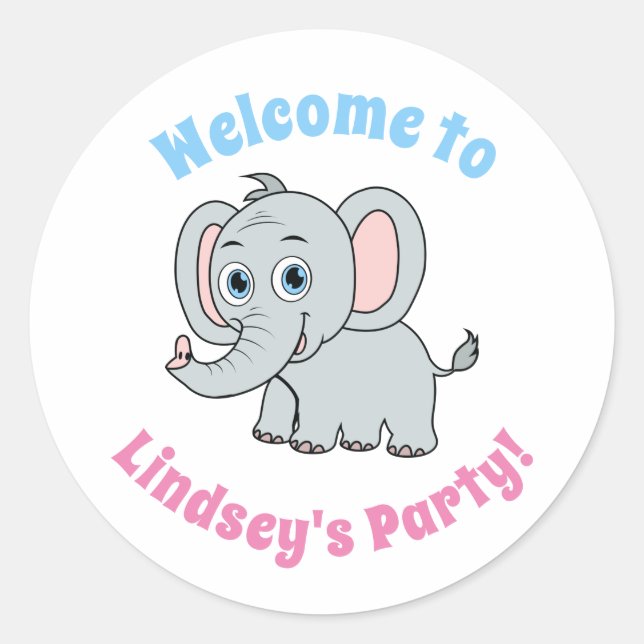 Cute Pink & Gray Blue Eyed Cartoon Elephant  Classic Round Sticker (Front)