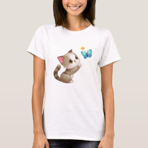 Cute Pink Gray Brown Cat Blue Butterfly Black Star T-Shirt