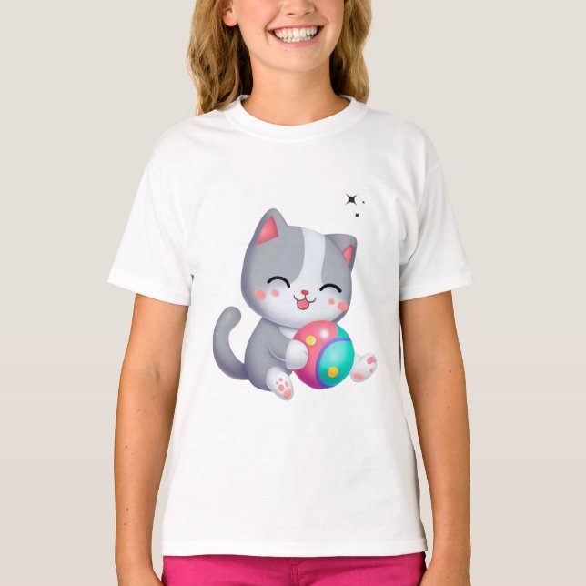 Cute Pink Gray Cats Playing Ball Black Stars T-Shirt (Front)