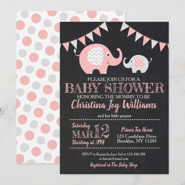 Cute Pink Gray Elephant Baby Shower Invitation (Front/Back)