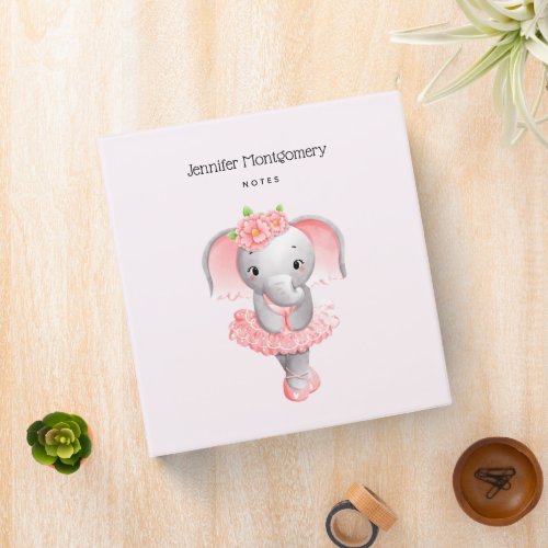 Cute Pink  Gray Elephant Ballerina 3 Ring Binder