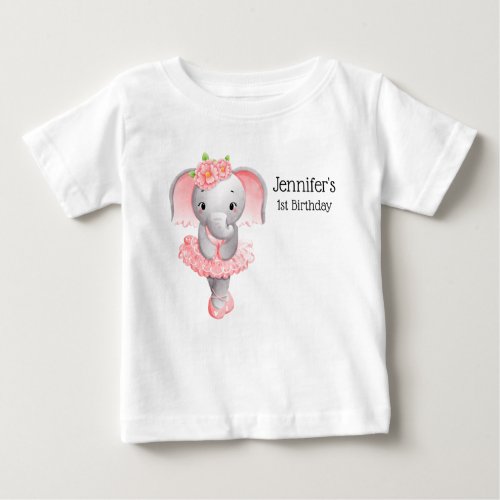 Cute Pink  Gray Elephant Ballerina Birthday Baby T_Shirt