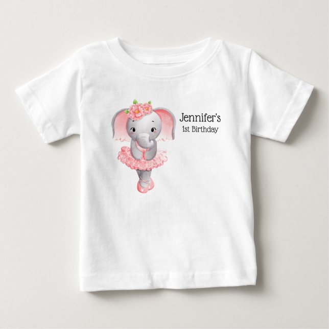 Cute Pink & Gray Elephant Ballerina Birthday Baby T-Shirt (Front)