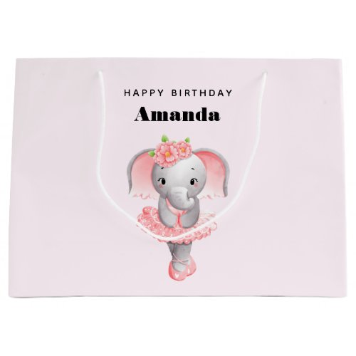 Cute Pink  Gray Elephant Ballerina Birthday Large Gift Bag