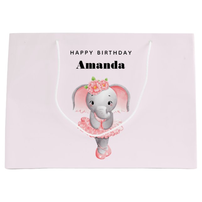 Cute Pink & Gray Elephant Ballerina Birthday Large Gift Bag (Front)