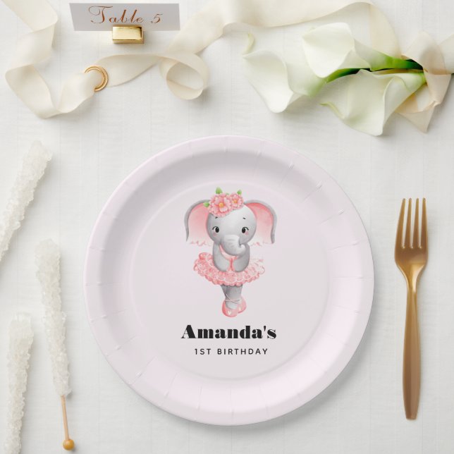 Cute Pink & Gray Elephant Ballerina Birthday Paper Plates (Wedding)