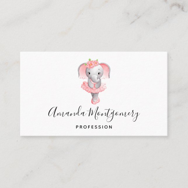 Cute Pink & Gray Elephant Ballerina Business Card (Front)