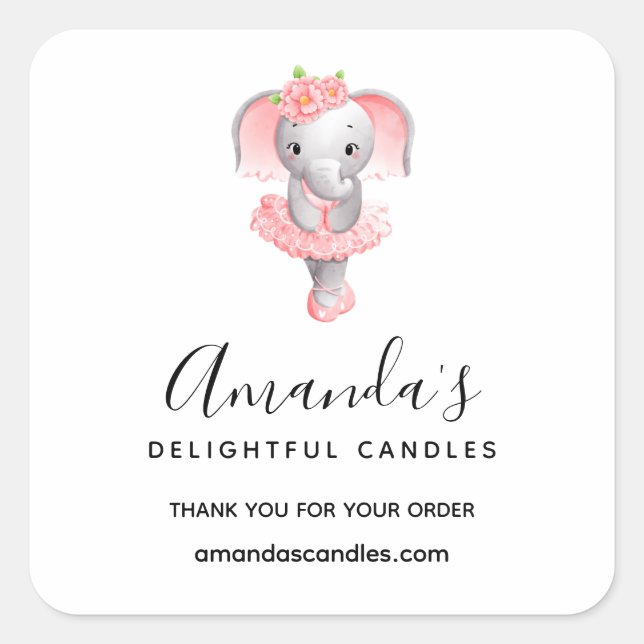 Cute Pink & Gray Elephant Ballerina Business Square Sticker (Front)