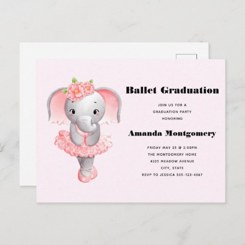 Cute Pink  Gray Elephant Ballerina Graduation Invitation Postcard
