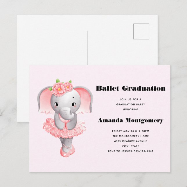 Cute Pink & Gray Elephant Ballerina Graduation Invitation Postcard (Front/Back)