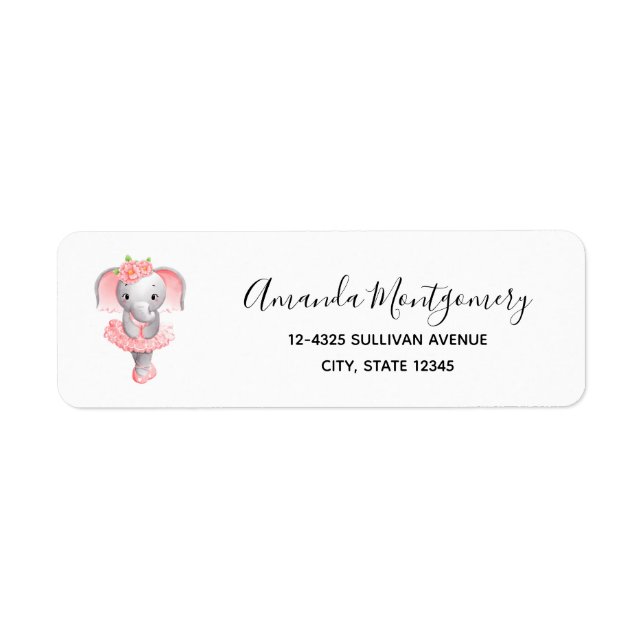 Cute Pink & Gray Elephant Ballerina Label (Front)