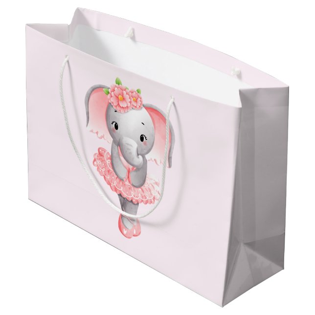 Cute Pink & Gray Elephant Ballerina Large Gift Bag (Back Angled)