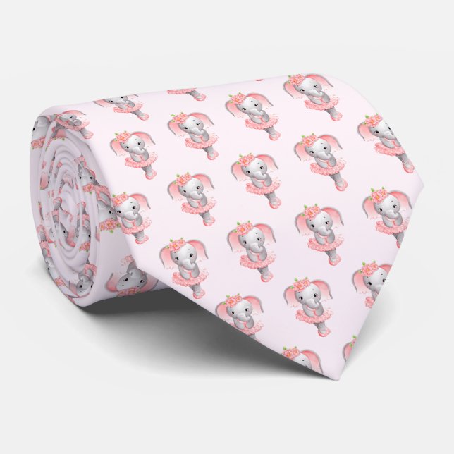Cute Pink & Gray Elephant Ballerina Neck Tie (Rolled)