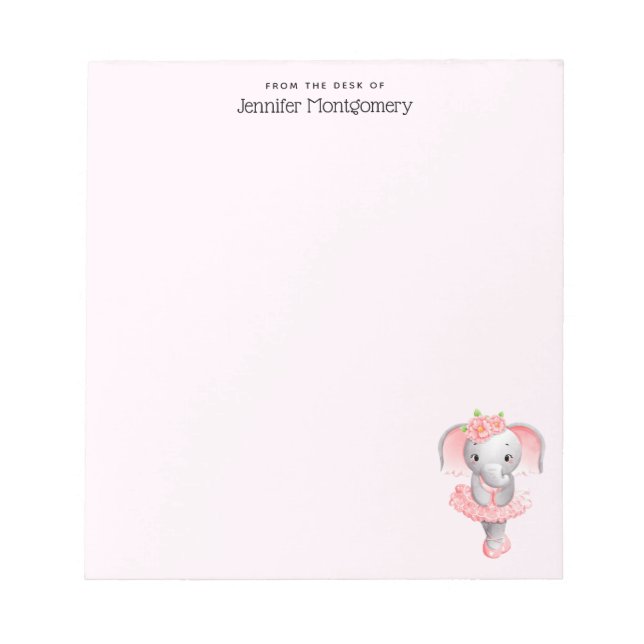 Cute Pink & Gray Elephant Ballerina Notepad (Front)