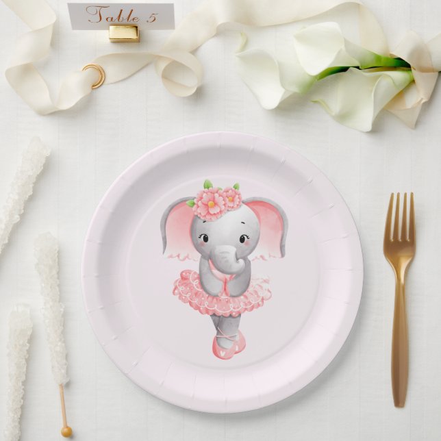 Cute Pink & Gray Elephant Ballerina Paper Plates (Wedding)