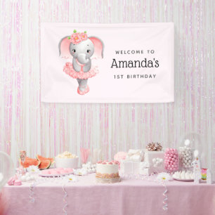 Cute Pink & Gray Elephant Ballerina Party Welcome Banner