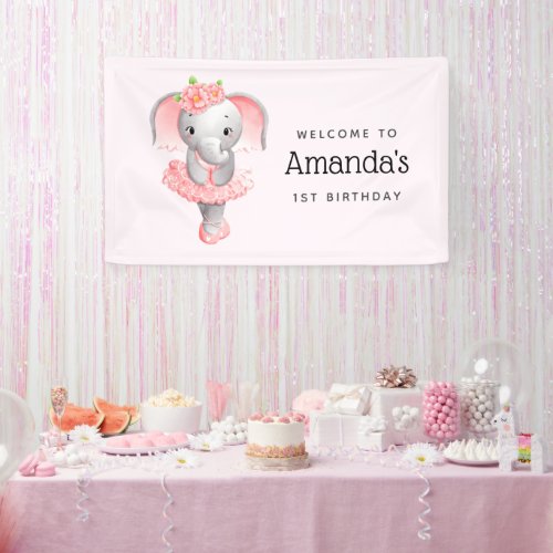 Cute Pink  Gray Elephant Ballerina Party Welcome Banner
