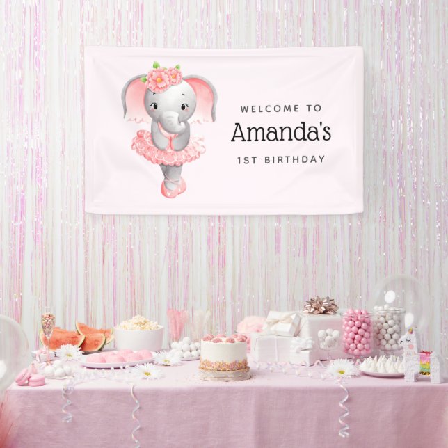 Cute Pink & Gray Elephant Ballerina Party Welcome Banner (Party)