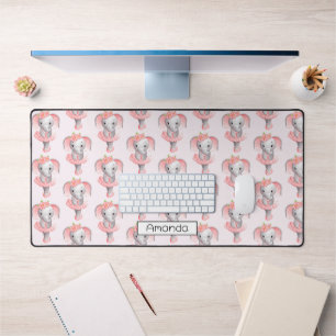 Cute Pink & Gray Elephant Ballerina Pattern Desk Mat