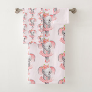 Cute Pink & Gray Elephant Ballerina Patterned Bath Towel Set