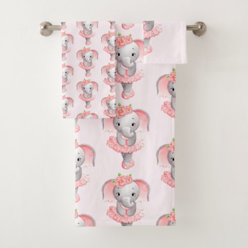 Cute Pink  Gray Elephant Ballerina Patterned Bath Towel Set