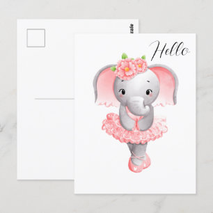 Cute Pink & Gray Elephant Ballerina Postcard