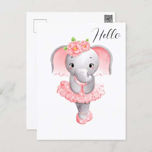 Cute Pink  Gray Elephant Ballerina Postcard