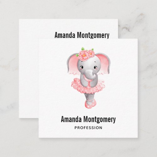 Cute Pink  Gray Elephant Ballerina Square Business Card