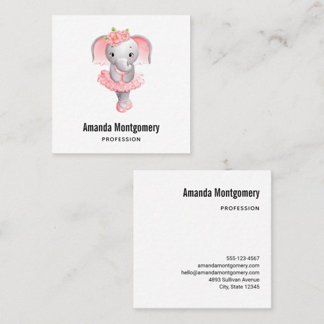 Cute Pink & Gray Elephant Ballerina Square Business Card (Front/Back)