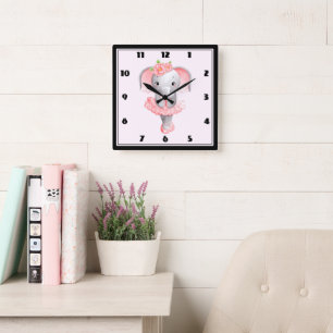 Cute Pink & Gray Elephant Ballerina Square Wall Clock