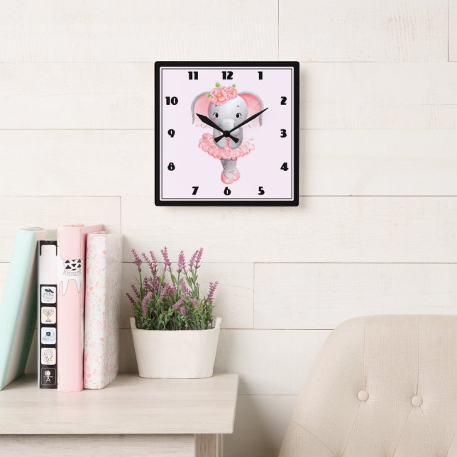 Cute Pink & Gray Elephant Ballerina Square Wall Clock (Reading Room)