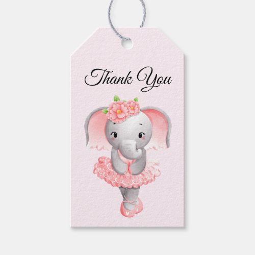 Cute Pink  Gray Elephant Ballerina Thank You Gift Tags