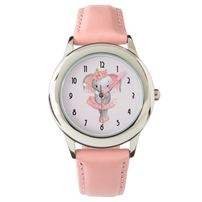 Cute Pink & Gray Elephant Ballerina Watch (Front)