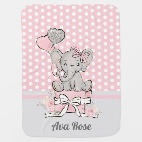 Cute Pink Gray Elephant Balloons Polka Dots Baby Blanket