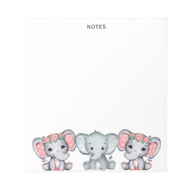 Cute Pink Gray Elephant Feminine Notepad (Front)