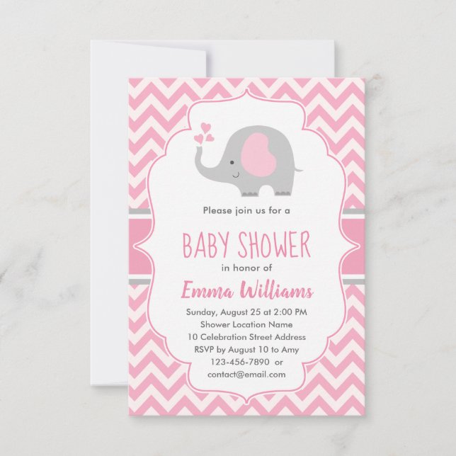 Cute Pink Gray Elephant Girl Baby Shower Invitation (Front)