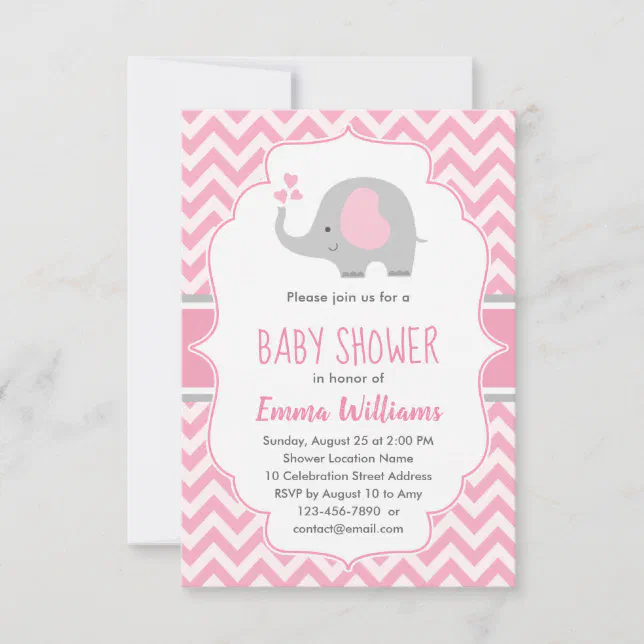 Cute Pink Gray Elephant Girl Baby Shower Invitation | Zazzle