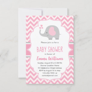 Cute Pink Gray Elephant Girl Baby Shower Invitation
